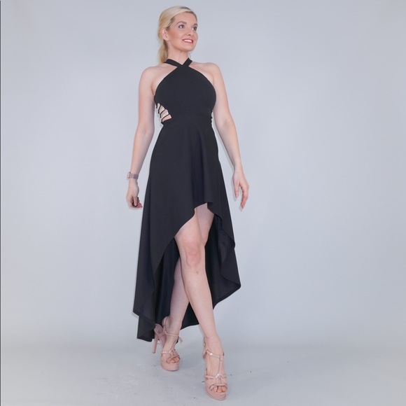 Black Halter High Low Dress with Rhinestones - Picture 4 of 16